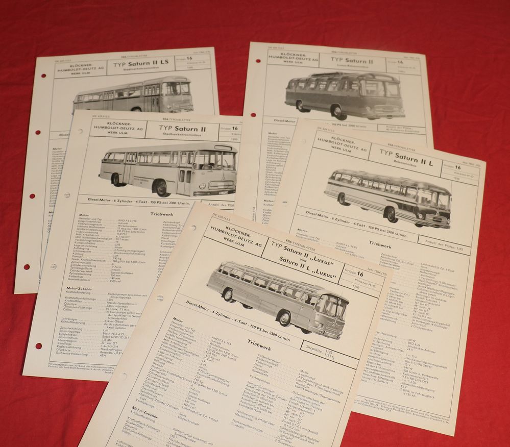 Magirus Deutz Saturn Omnibusse 5 Stück VDA Typenblatt